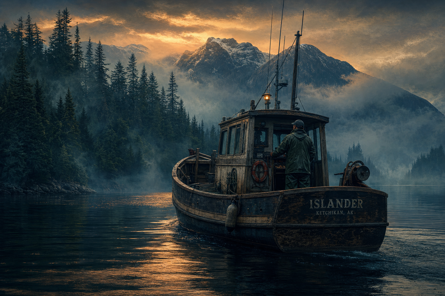 Fishing charter boat on calm Alaskan waters at dawn