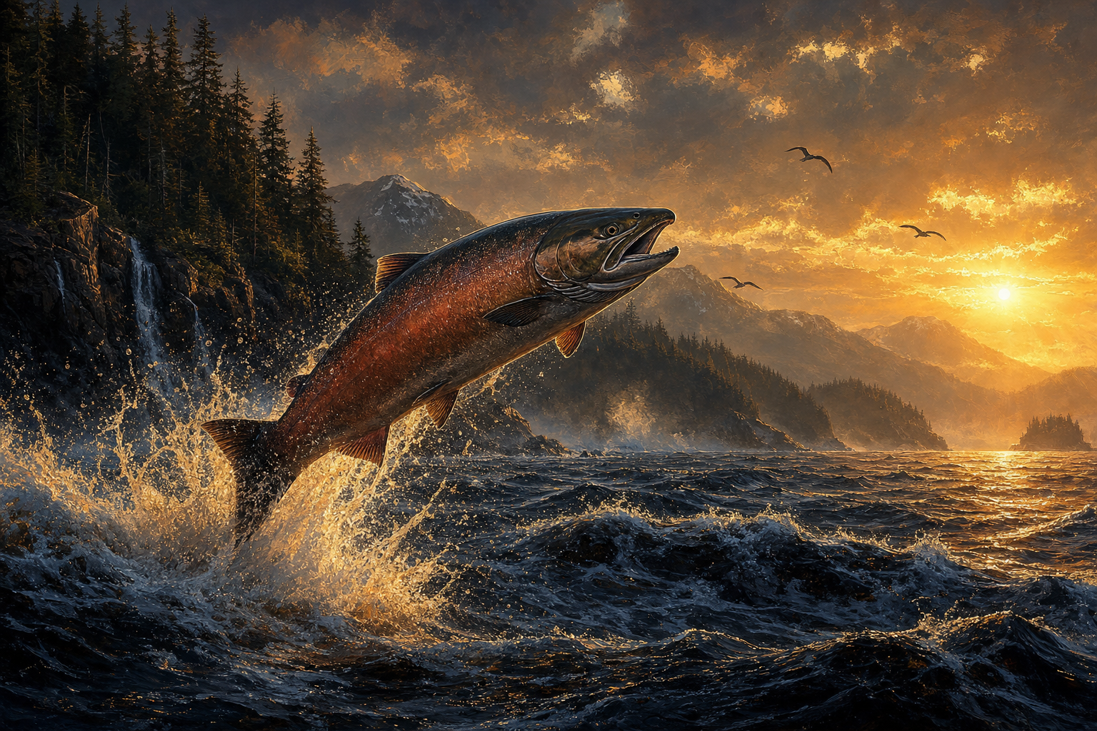 King salmon leaping in Southeast Alaska waters at golden sunset